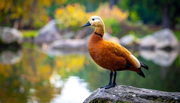 Ruddy Shelduck Duck Standing on a Rock Near a Lake in Autumn.