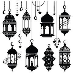 Obraz premium Elegant ramadan lanterns and crescent moons create a beautiful islamic decorative pattern for celebrations
