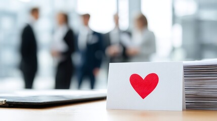 A red heart on a white card sits on a desk in a blurred office background with coworkers in the distance.