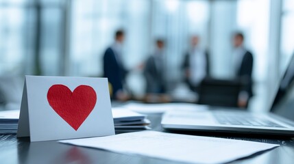 A red heart card on a desk in a modern office with people in the background