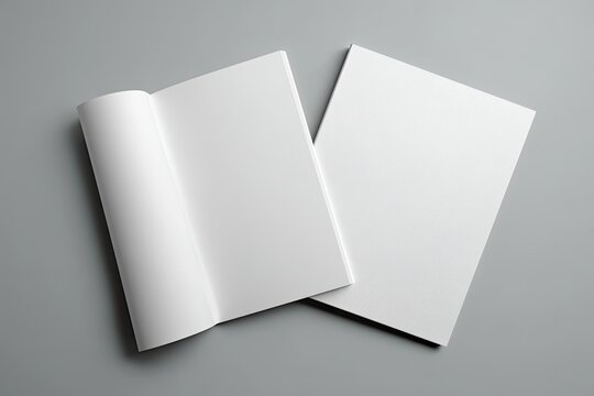 Two blank white booklets, one open, one closed, on a plain grey background
