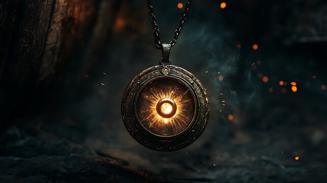 Mystical amulet pendant radiating arcane energy in a surrealistic setting