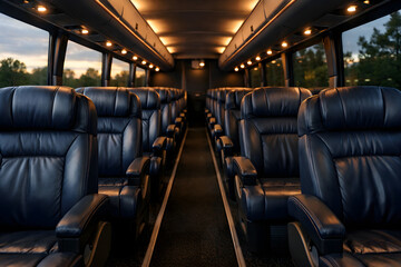 Naklejka premium a dimly lit, modern bus interior with dark blue leather seats, overhead lights, and large windows showing greenery outside.