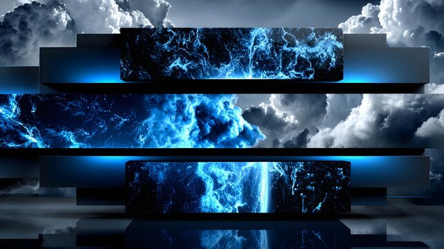 Abstrakte futuristische Energiepanels mit kosmischen Wolken in Blau
