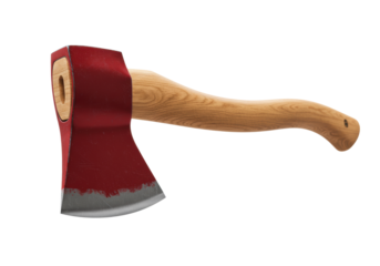 flawless utility hatchet, floating dynamically, featuring a bright crimson metal head, razor-sharp steel blade, and light brown ergonomic hickory handle on a stark white background. concept of