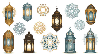 Collection of colorful lanterns and intricate mandala designs for Ramadhan decorations on a white background with warm tones. © AntonAlfatih02