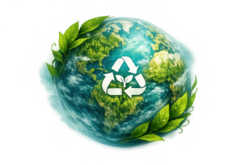 Earth globe showing recycling symbol and green leaves, representing global sustainability, environment protection, and eco-friendly conservation