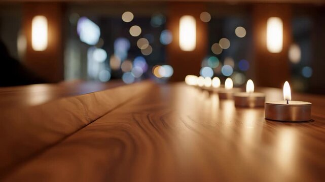 A Row Of Lit Tea Candles On A Polished Wooden Table In A Restaurant With Warm Ambient Lighting And Out Of Focus City Lights In The Background Creating A Cozy Atmosphere