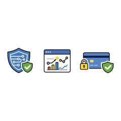 Cybersecurity Shield Protection, Business Analytics Dashboard, Secure Payment Card Icons