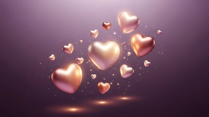 Rose gold hearts floating on a purple gradient background