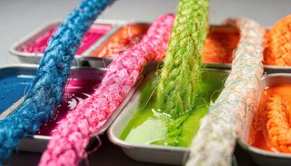 Medium shot of fluorescent utility cords being immersed in vibrant dye baths highlighting the intense color absorption and fabric texture under precise lighting.
