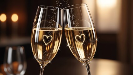 Two champagne glasses toasting with heart shapes