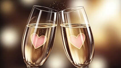 Two champagne glasses toasting with hearts