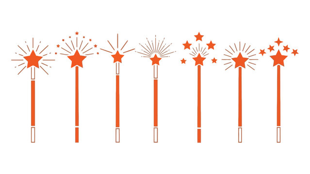 Collection of stylized orange magic wand icons with star toppers and light ray variations