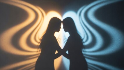 Two women silhouette facing each other with light patterns
