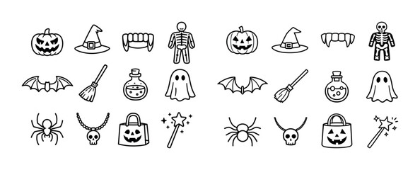 Fototapeta premium Halloween icon set: pumpkins, ghosts, bats, skulls, and more in black and white