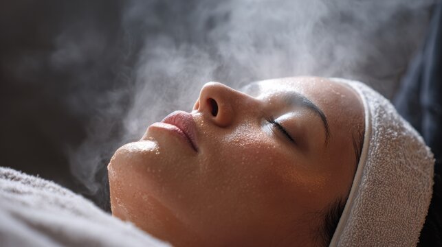Focused medium shot of a spa therapist applying water vapor during a hydrotherapy facial to open pores and prepare the skin for cleansing.