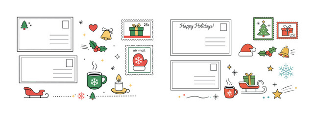 Festive christmas icons: postcards, gifts, and holiday decor elements