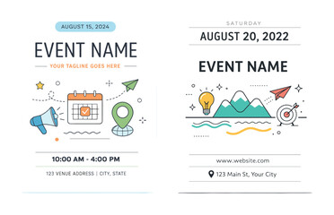 Colorful event announcement designs with calendar and map elements