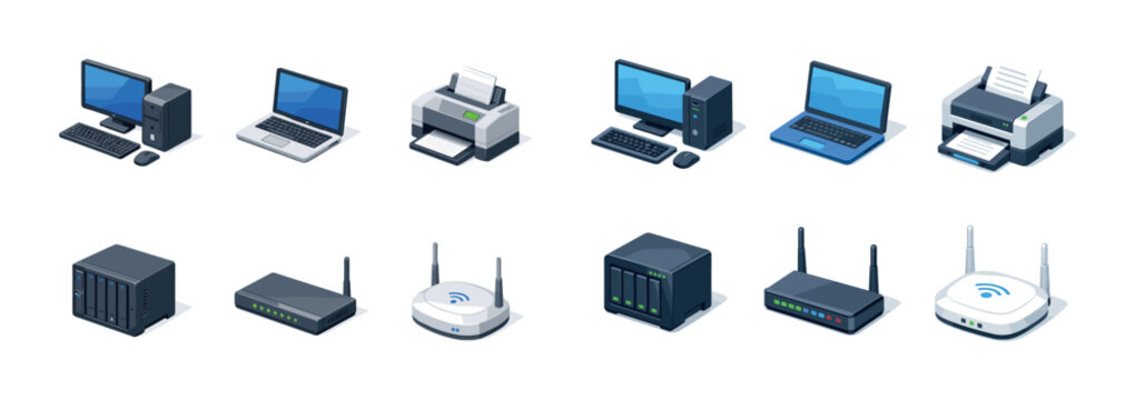 Isometric electronic devices: computers, printers, routers, and servers