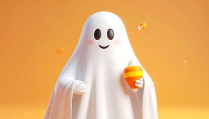 Cute Ghost Character Holding Candy Corn for Halloween Celebration.