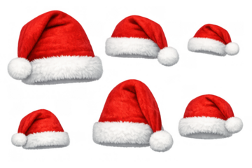Red and white santa hats for christmas celebration. Festive season headwear with a pom-pom on transparent background