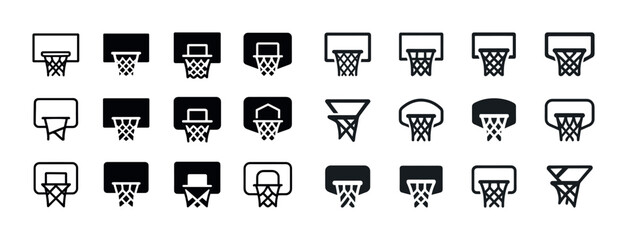 Different styles of basketball hoops icons set in black and white