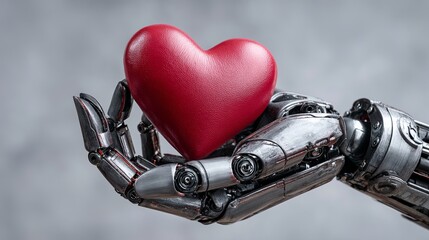 A robotic hand gently holds a red heart in its metallic palm.