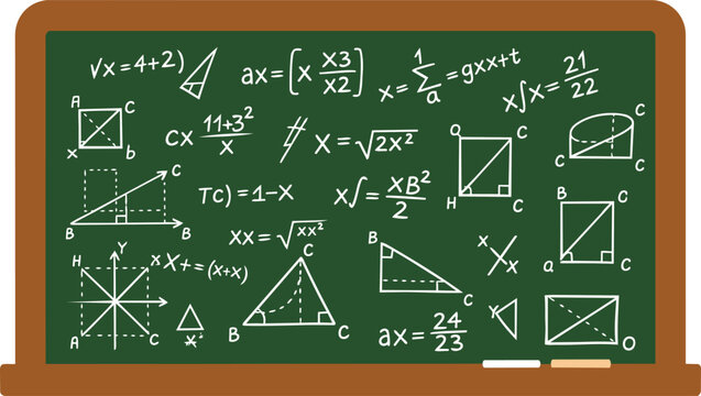 Mathematics Formulas and Geometric Shapes on a Green Chalkboard.