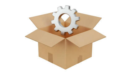 Silver Gear Emerging from Cardboard Box.