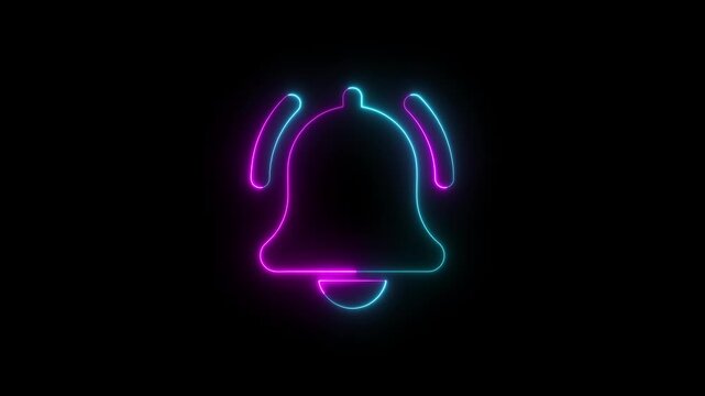A bright neon notification bell icon rings to signal a new digital alert. Ideal for digital interface, social media, and technology concepts. Glowing neon notification bell icon animated isolated. 4k 