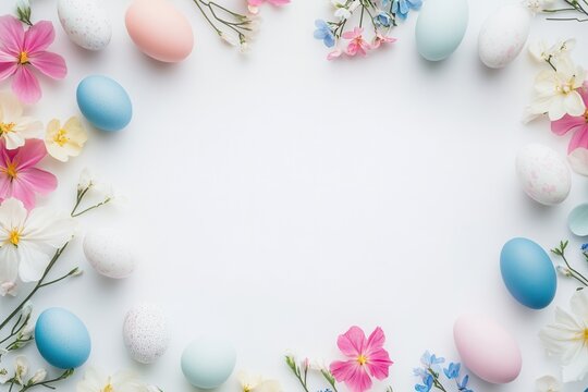 Pastel Easter eggs and flowers forming soft circular border around blank center ideal for spring greeting cards and craft projects. Gentle natural light, delicate petals, speckled and solid eggs, airy