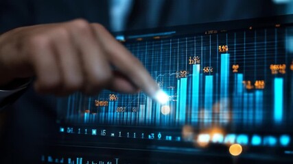 Finger touches a luminous blue digital display with glowing bar graphs and financial data - Powered by Adobe
