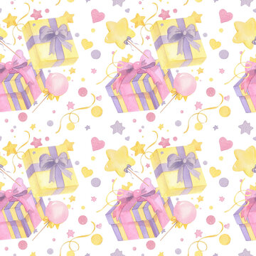 Seamless pattern of gift boxes, lolipops, confetti and serpentine. Handmade watercolor illustration. For packing paper, greeting cards, decoration and illustration.