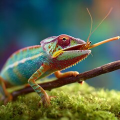 Fototapeta premium Vibrant panther chameleon extends its long sticky tongue to catch a small winged insect while perched on a slender branch.