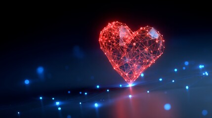 A glowing red heart made of digital connections and blue lights on a dark background