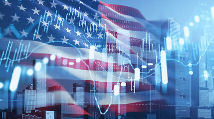 USA flag over modern city skyline with glowing financial stock market graph data representing economic growth and investment concept in blue tone background.