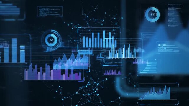 Abstract animation of a futuristic digital dashboard showing financial data, statistics, and network connections.