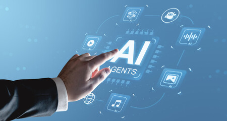 Businessman touching AI agents interface with futuristic icons and digital elements on blue background representing artificial intelligence concept..