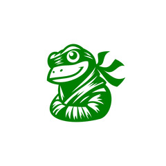 Green ninja frog mascot logo with bandana, cute flat vector illustration