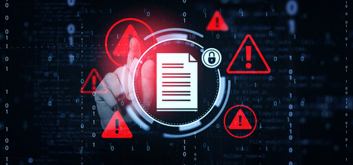 Cybersecurity warning concept showing digital document alert symbols and a hand pointing at virtual interface on dark binary code background.