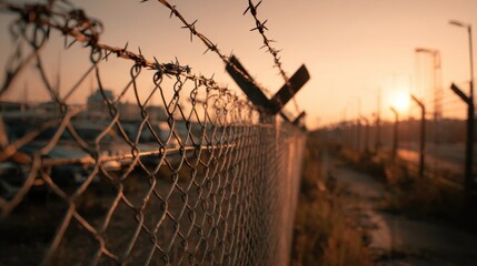 Medium shot featuring a combination of metal and concrete fencing along a facility perimeter during sunset for strong security.