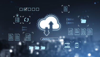 Cloud storage data upload and download hologram interface over city background with digital file, folder, and server icons concept displayed.