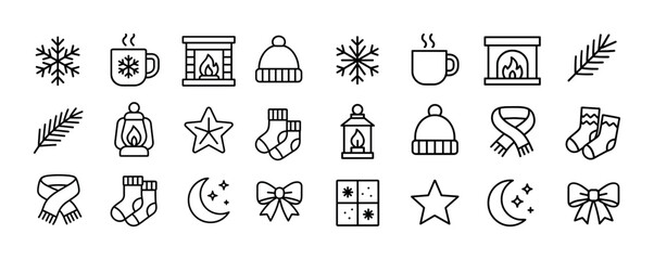 Winter icons set: hats, socks, snowflakes, fireplace, lantern, scarf, hot beverages, moon, stars, gift bow