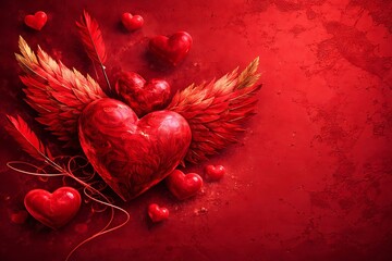 Valentines day theme with red heart and wings on red background with hearts and flowers