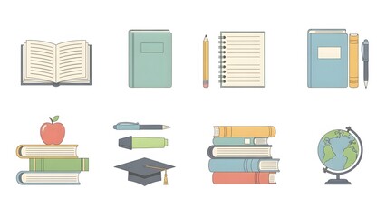Collection of school supplies and educational items including books, notebooks, pens, pencils, an apple, and a graduation cap, representing learning and academics