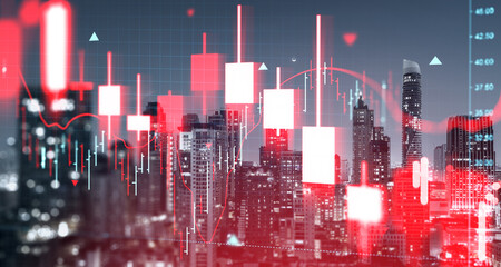 Red financial stock market crash chart overlays modern city skyline at night, symbolizing investment fall and economic crisis concept in trading world.