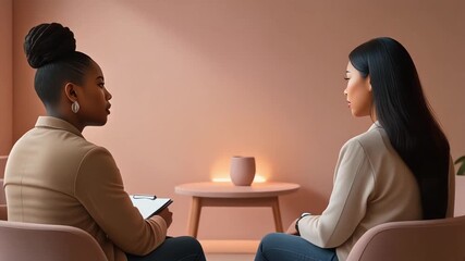 Two women in therapy facing each other in a pink room. Suitable for mental healthrelated content or counseling services promotions.