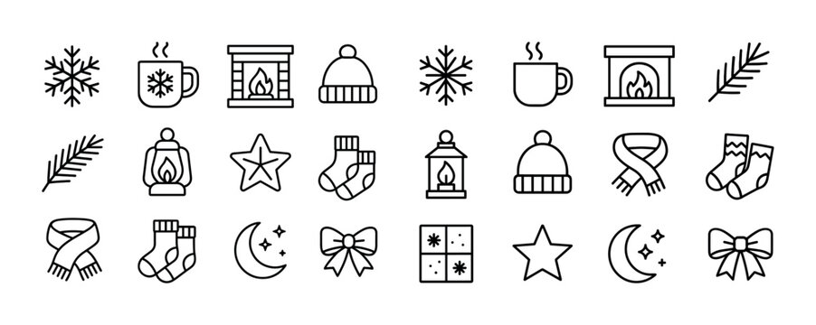 Winter icons set: hats, socks, snowflakes, fireplace, lantern, scarf, hot beverages, moon, stars, gift bow