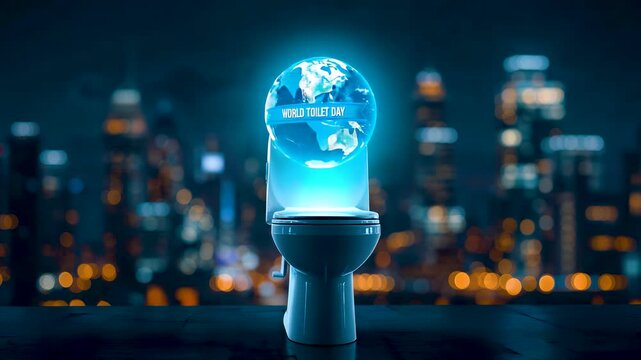 Glowing blue earth globe floating above toilet bowl surreal night city skyline background bizarre fantasy absurd humor concept